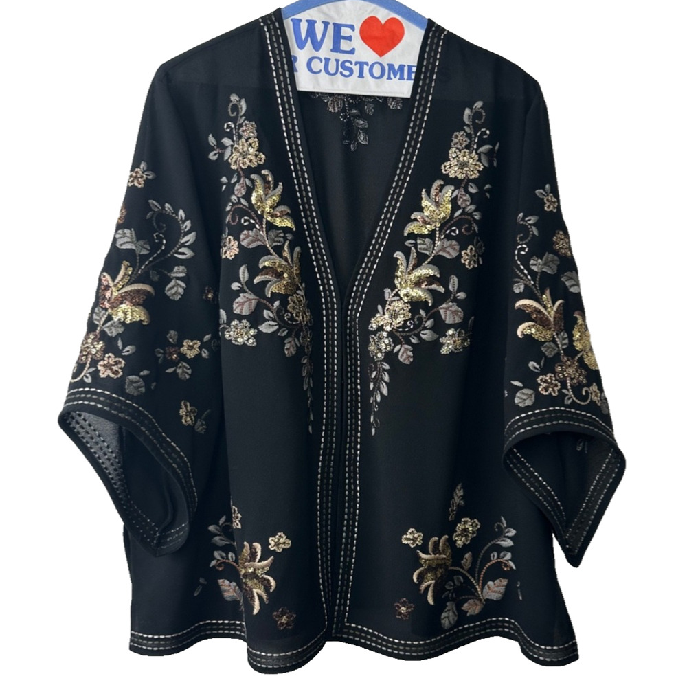 Coldwater Creek Black Embroidered Floral Open-Front Shawl